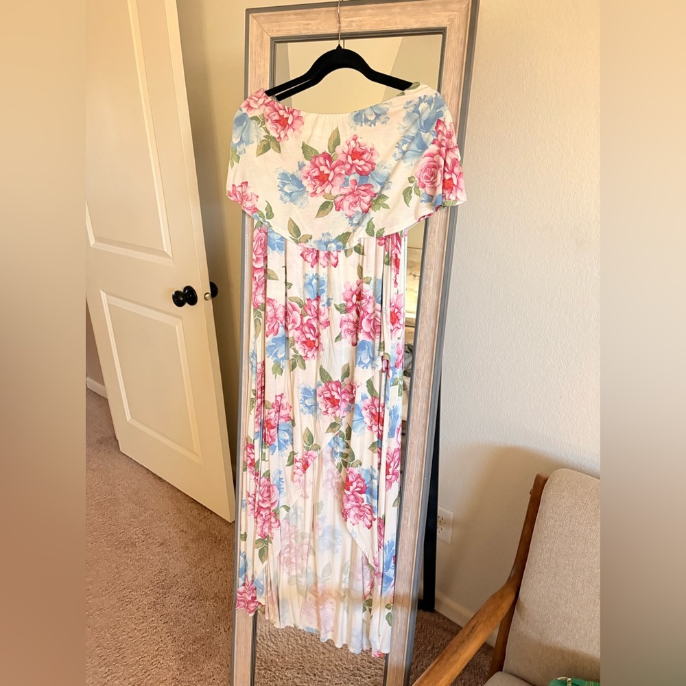 Strapless tiered high low floral dress